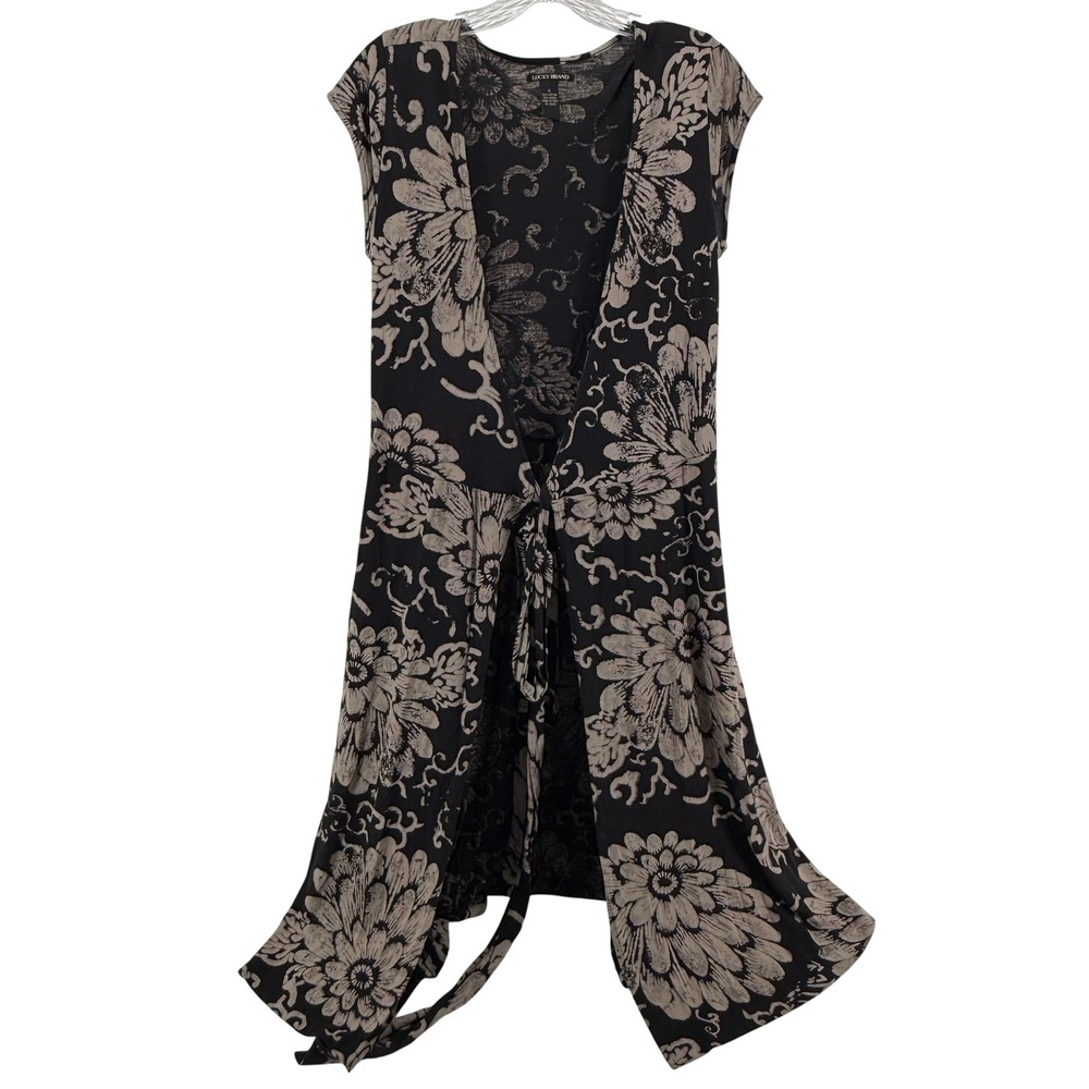 Lucky Brand Floral Duster Cardigan Vest Black Tan Tie Front Cap Sleeve Small